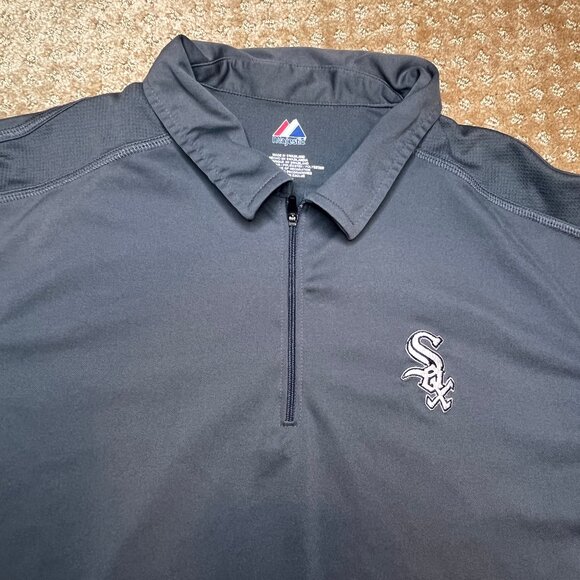 Chicago White Size 1/4 Zip Mens Polo Size L Magestic Embroidered Logo Black Polo - Picture 2 of 9